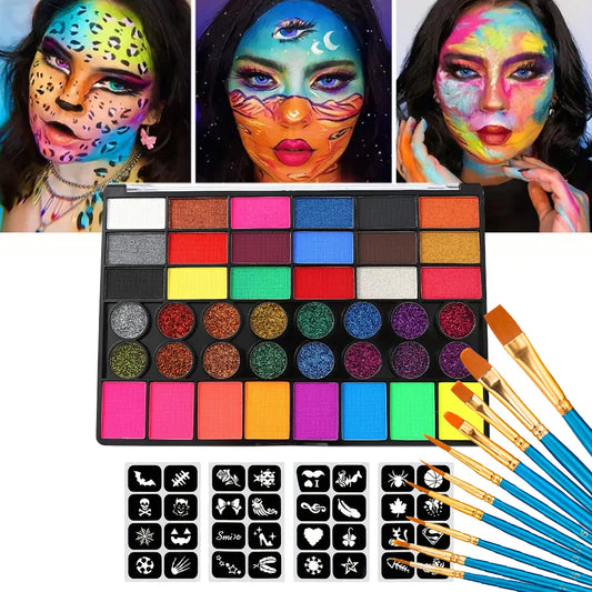 42-Color UV Neon & Glitter Face & Body Paint Palette – Water-Activated Art Makeup