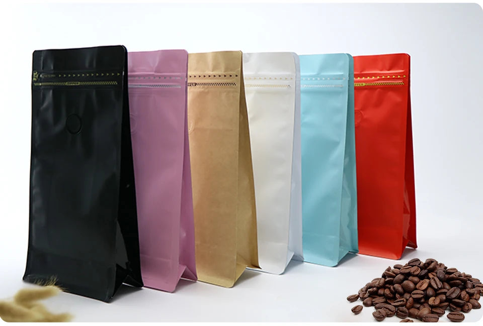 Block Bottom Stand-Up Coffee Pouch – Aluminum Foil Ziplock with Valve