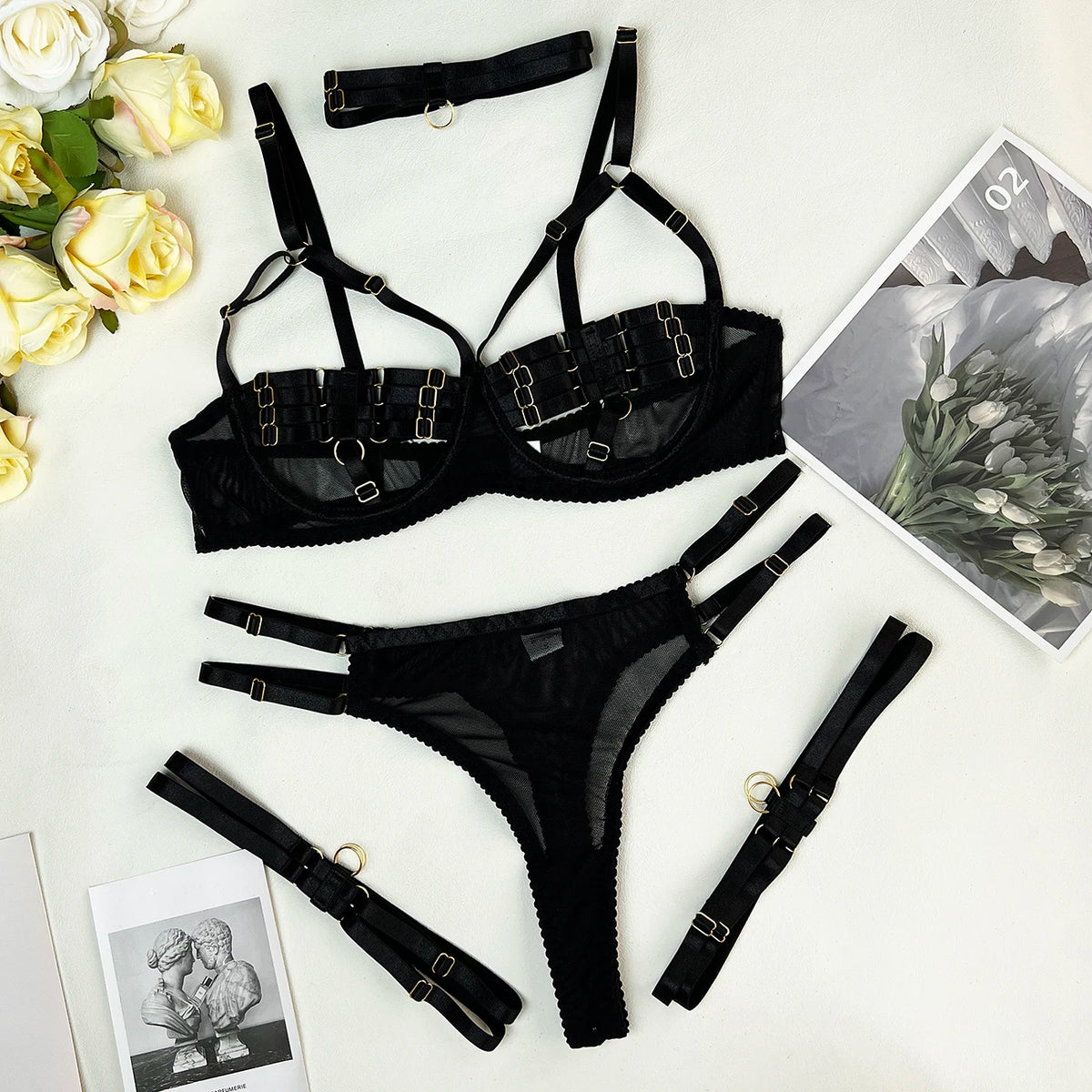 5-Piece Hollow Lingerie Set – Sensual Open Bra & Brief Outfit