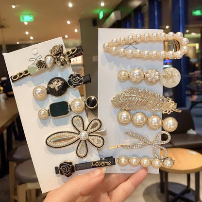 Handmade Pearl & Rhinestone Hairpin Set – Elegant Barrettes for Women