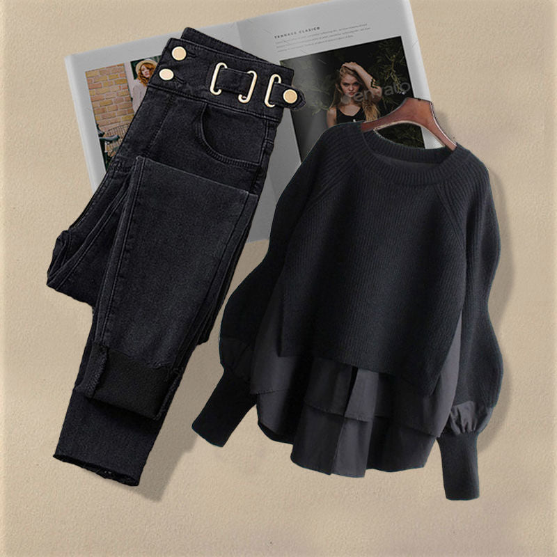 Korean Fashion Two-Piece Set – Fake Layered Shirt Top & Slim Fit Jeans