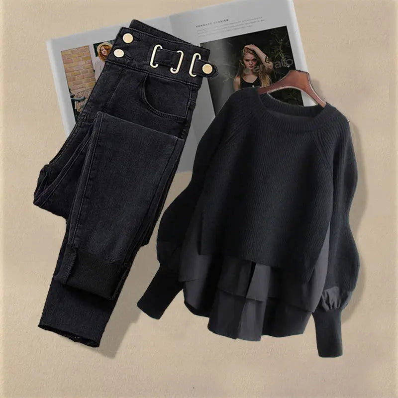 Korean Fashion Two-Piece Set – Fake Layered Shirt Top & Slim Fit Jeans