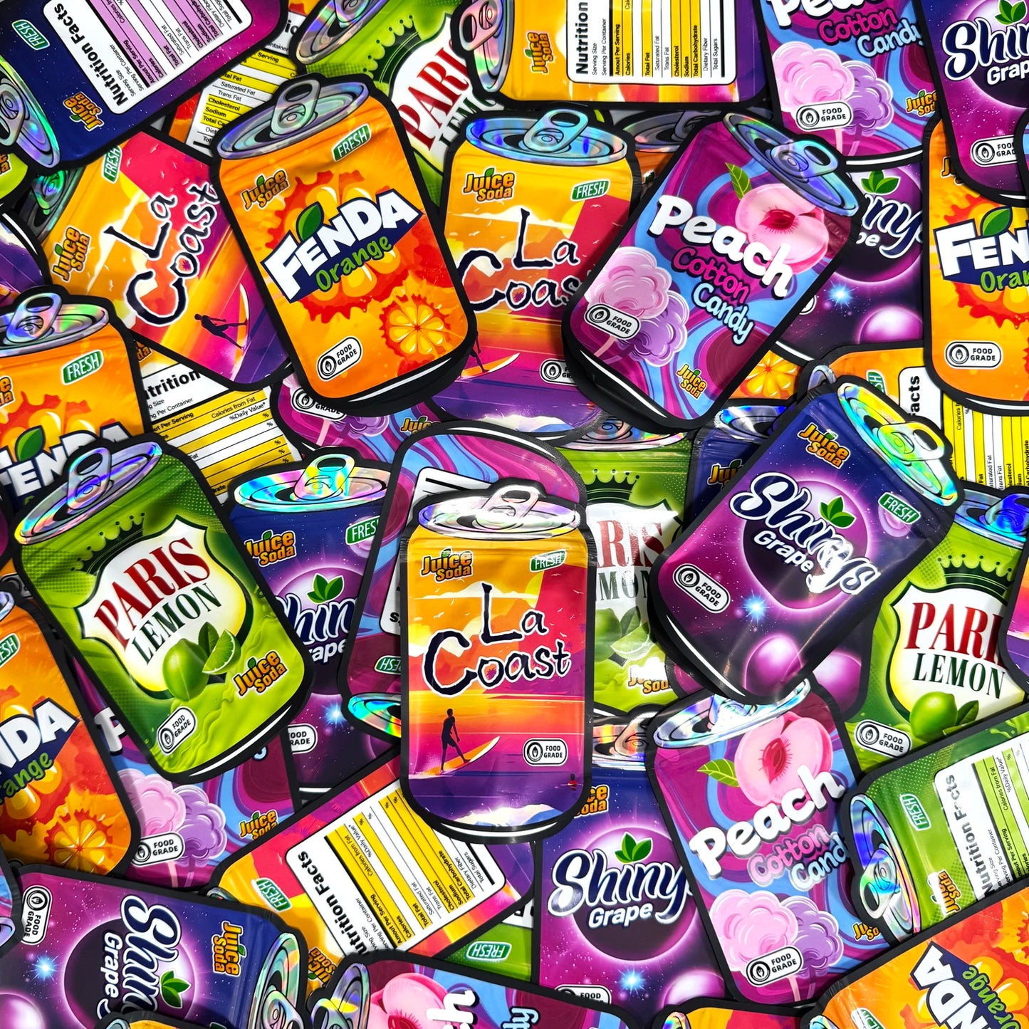 50pcs Holographic Juice Can Stand-Up Mylar Bags – Resealable Zip Pouches