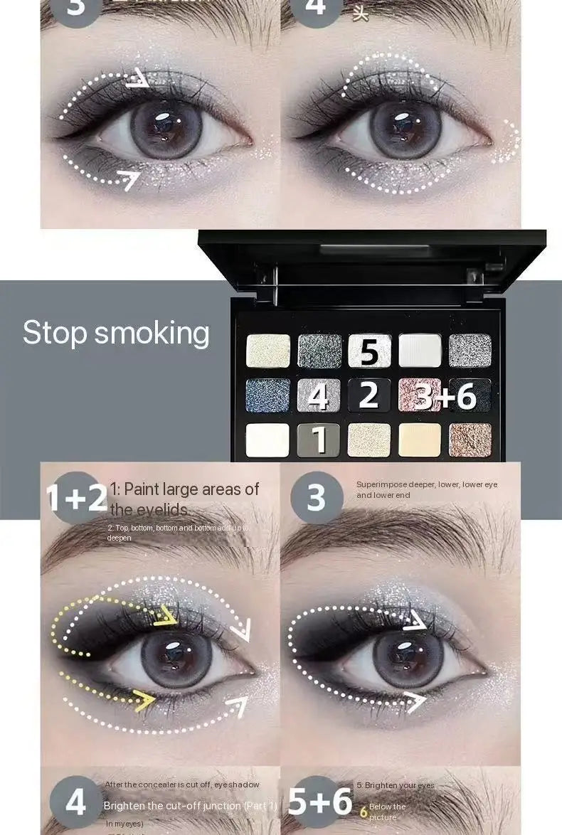 15-Color Pearl Glitter Eyeshadow Palette – Smoky, Cool-Toned, Waterproof Makeup