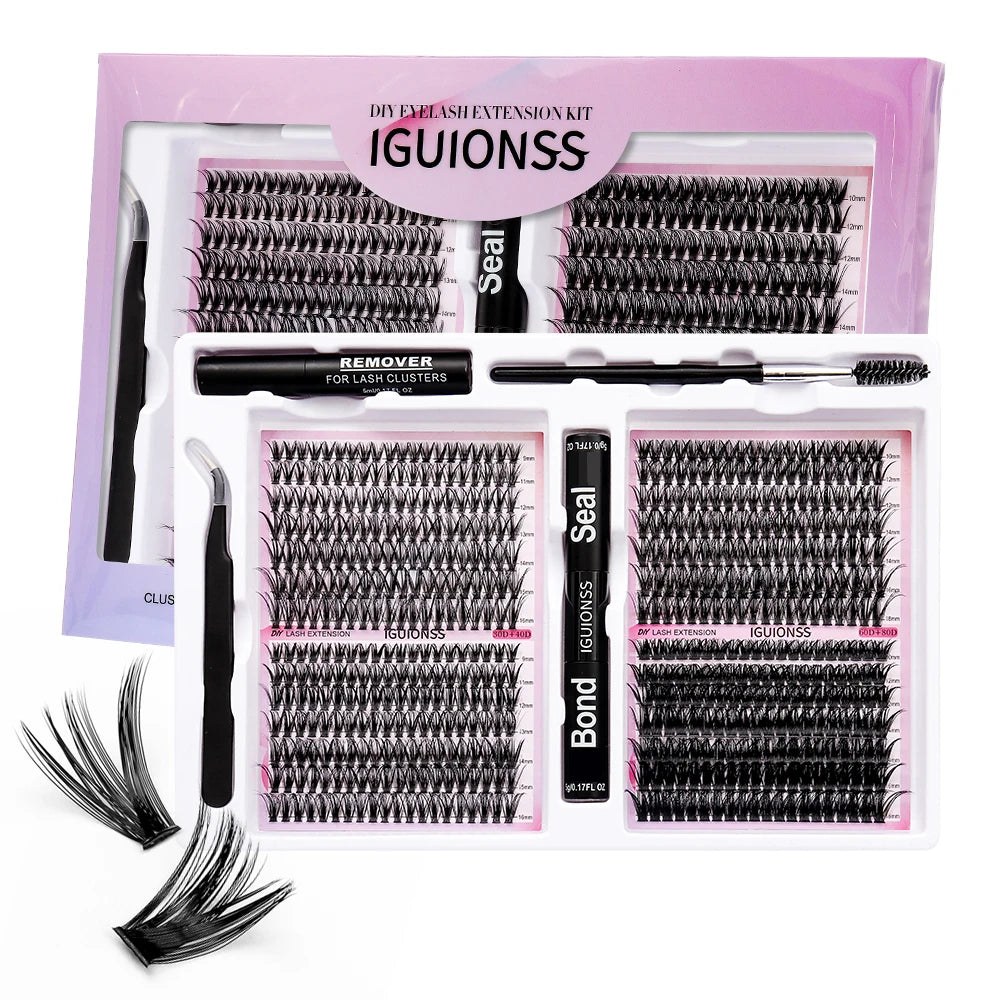 Mixed Cluster Lash Extension Kit – 30D + 40D | 60P + 80P | Glue, Remover, Sealant, Tweezers & Brushes