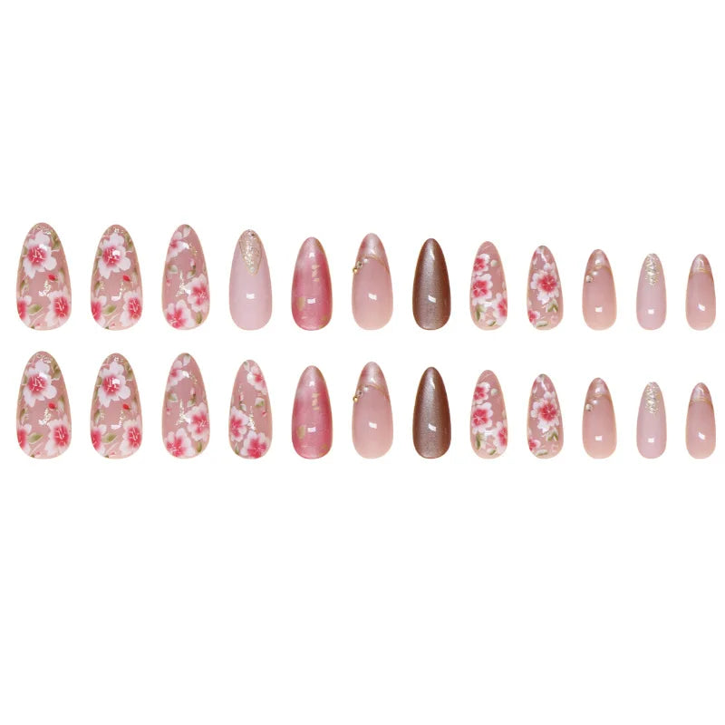 Peach Blossom Cat’s Eye Press-On Nails – 24pc Nude Glitter Floral Set