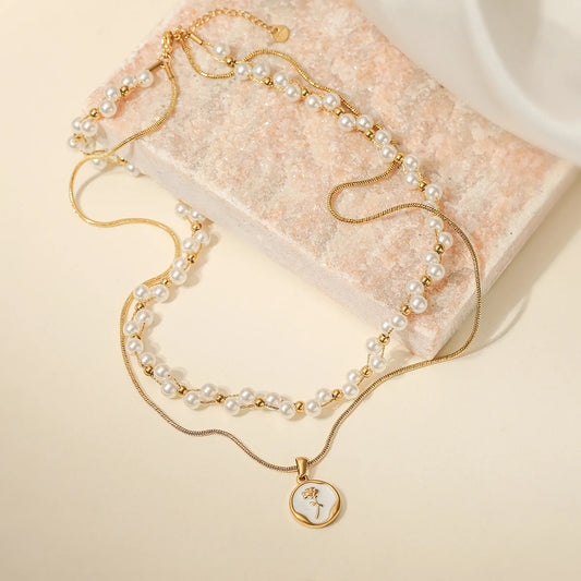 Gold Double Layer Pearl Flower Choker Necklace