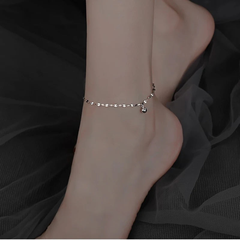 Minimalist Silver Bead Anklet – Women’s Summer Beach Flat Chain Bracelet