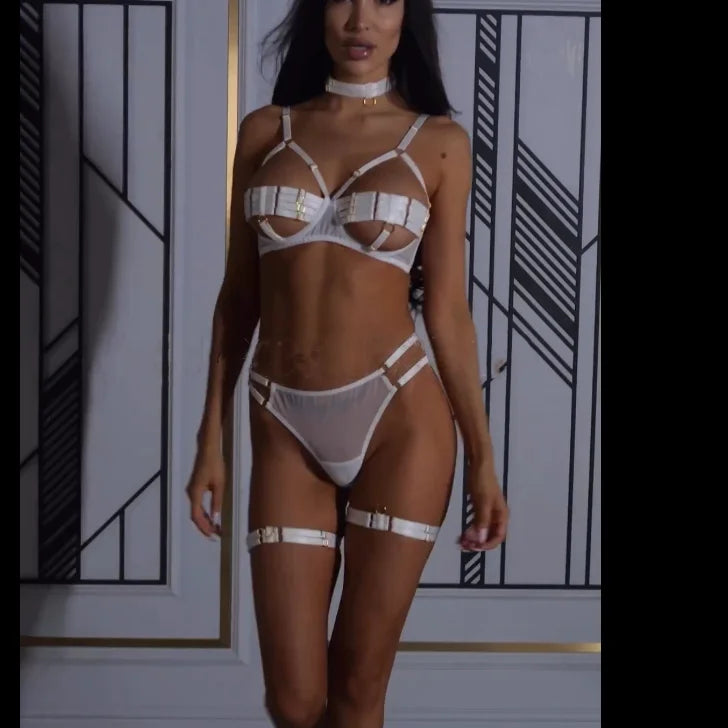 5-Piece Hollow Lingerie Set – Sensual Open Bra & Brief Outfit
