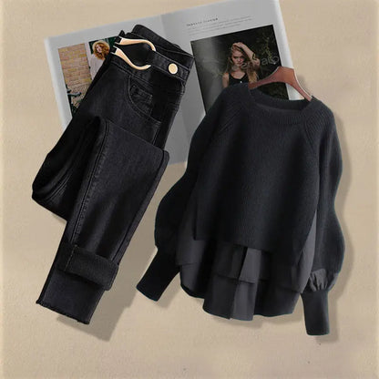 Korean Fashion Two-Piece Set – Fake Layered Shirt Top & Slim Fit Jeans