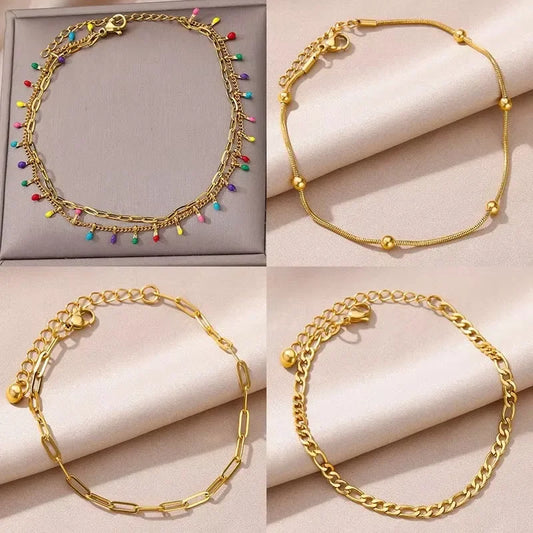 Boho Drop Anklet – Women’s Gold Stainless Steel Wedding & Aesthetic Jewelry (20+5cm)