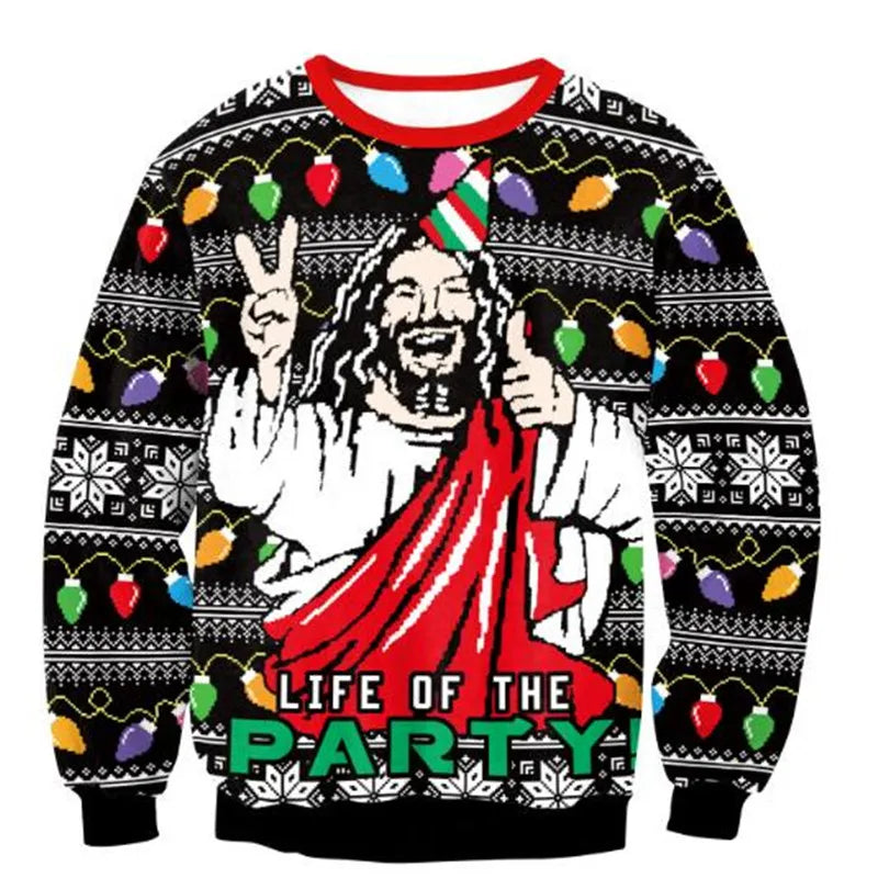 Ugly Christmas Sweater – Funny Santa & Elf Holiday Print Pullover