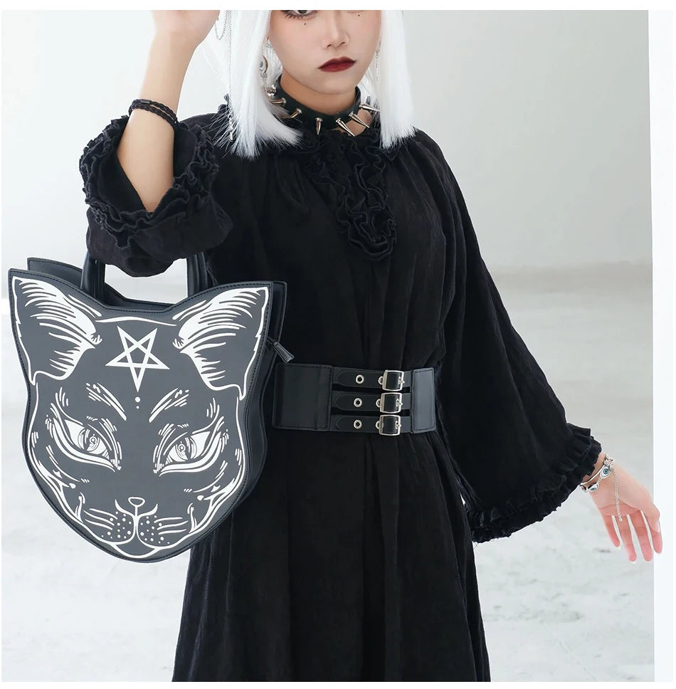 Gothic Pentacle Cat Shoulder Bag – Punk Rock Women’s Black Handbag