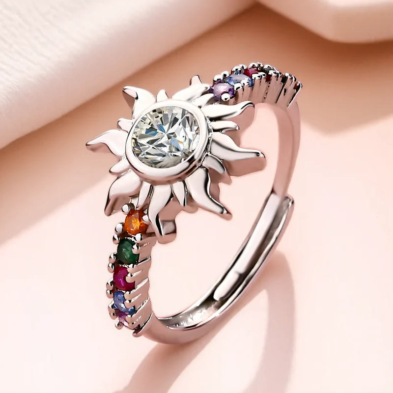 Stylish Pink & White Zircon Sun Ring – Adjustable Gold & Silver Wedding Band
