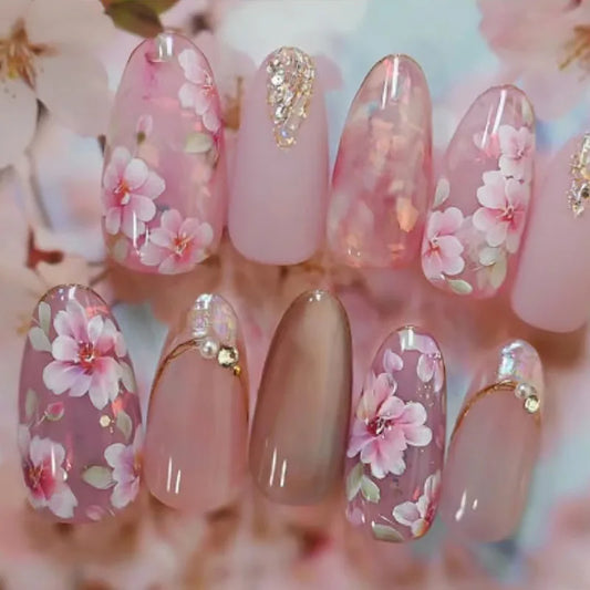 Peach Blossom Cat’s Eye Press-On Nails – 24pc Nude Glitter Floral Set