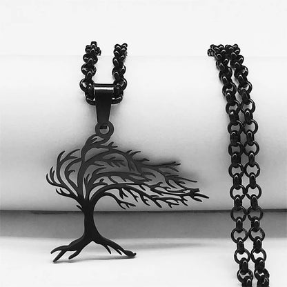 Tree of Life Stainless Steel Necklace – Black Long Pendant for Men & Women