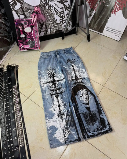 Y2K Gothic Cargo Pants – Wide-Leg Streetwear Trousers with Red Floral Graffiti Print