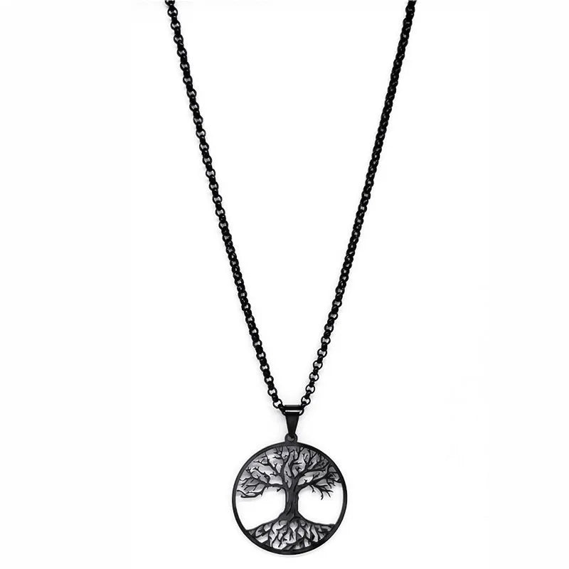 Tree of Life Stainless Steel Necklace – Black Long Pendant for Men & Women