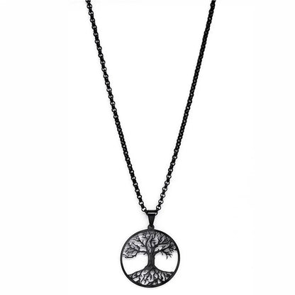 Tree of Life Stainless Steel Necklace – Black Long Pendant for Men & Women
