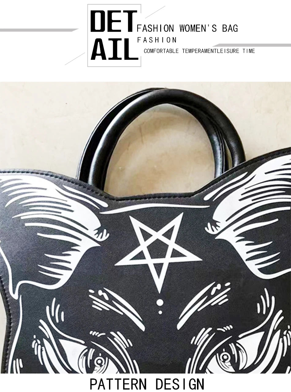 Gothic Pentacle Cat Shoulder Bag – Punk Rock Women’s Black Handbag