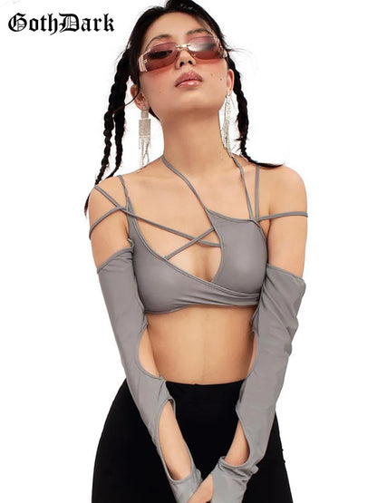 Goth Dark Cyber Y2K Halter Crop Top – Patchwork Long Sleeve Cut-Out Tee