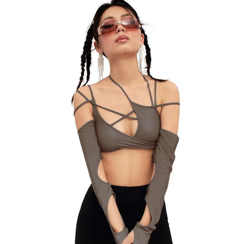 Goth Dark Cyber Y2K Halter Crop Top – Patchwork Long Sleeve Cut-Out Tee