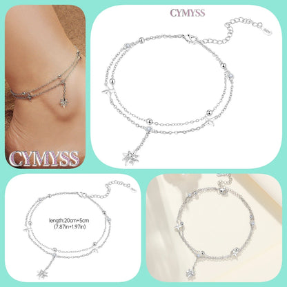 925 Sterling Silver Double-Layer Anklet – Exquisite Zircon Heart Chain Jewelry