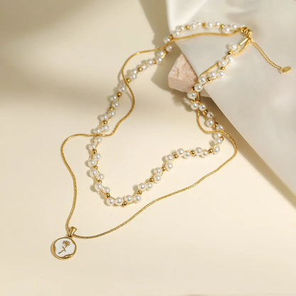 Gold Double Layer Pearl Flower Choker Necklace
