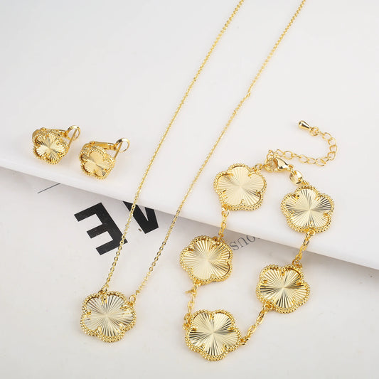 Luxury Double-Sided Five-Leaf Flower Jewelry Set – Gilded Clover Necklace, Bracelet & Earrings