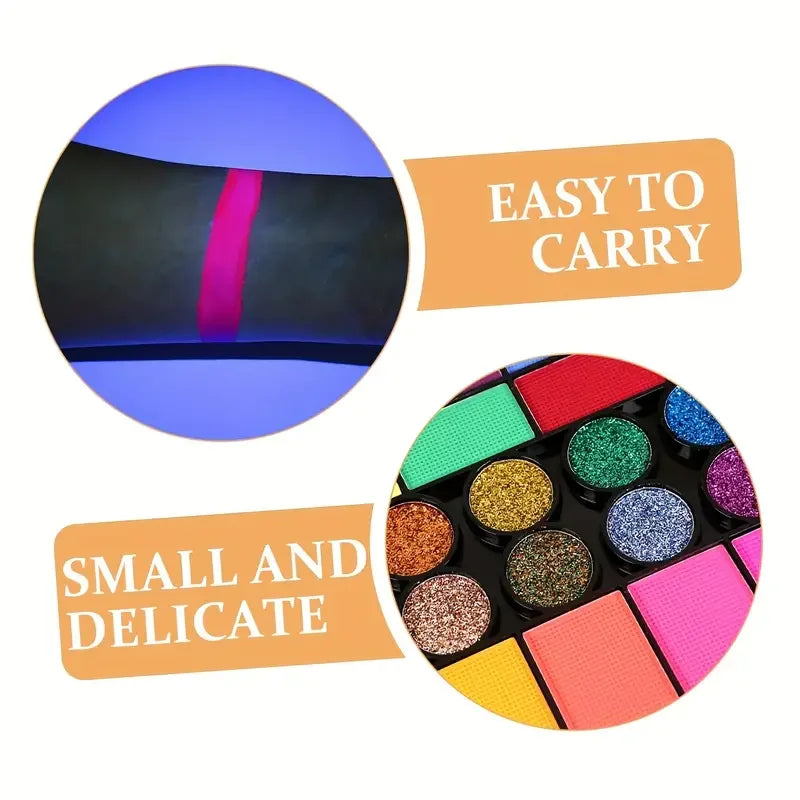 42-Color UV Neon & Glitter Face & Body Paint Palette – Water-Activated Art Makeup