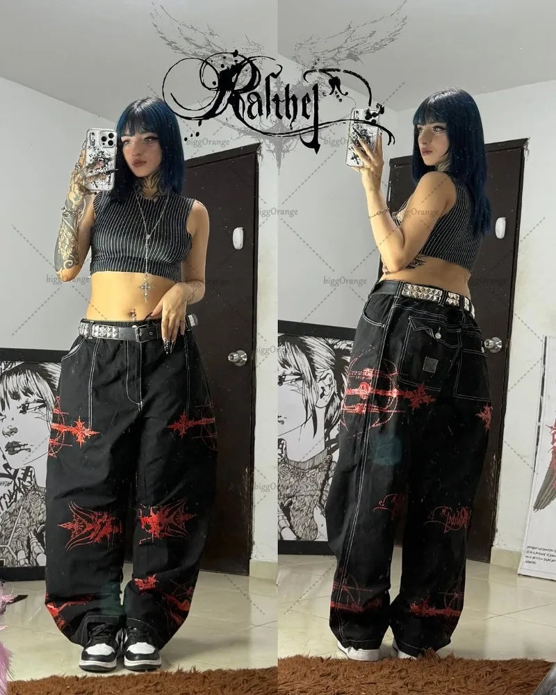 Y2K Gothic Cargo Pants – Wide-Leg Streetwear Trousers with Red Floral Graffiti Print