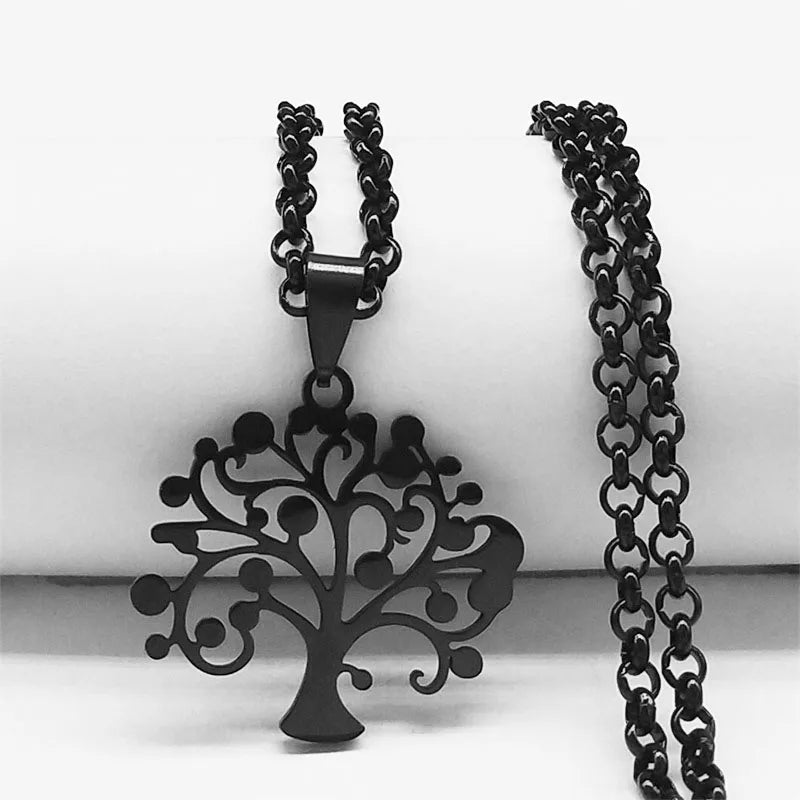 Tree of Life Stainless Steel Necklace – Black Long Pendant for Men & Women