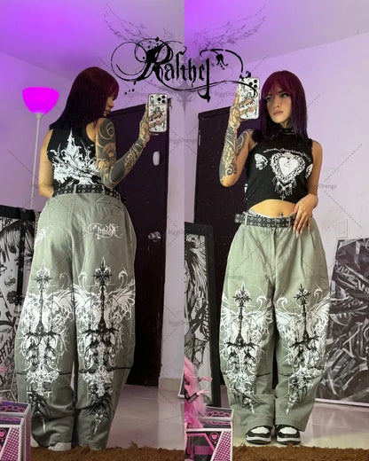 Y2K Gothic Cargo Pants – Wide-Leg Streetwear Trousers with Red Floral Graffiti Print