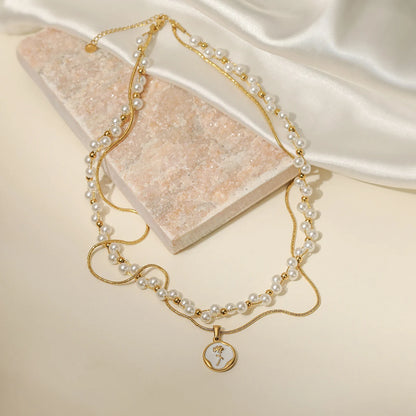 Gold Double Layer Pearl Flower Choker Necklace