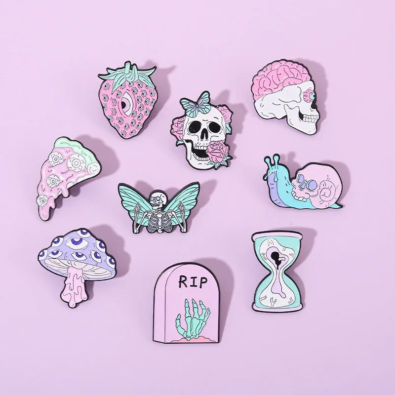 Purple Skeleton Enamel Pin – Gothic Butterfly, Mushroom & Flower Brooch