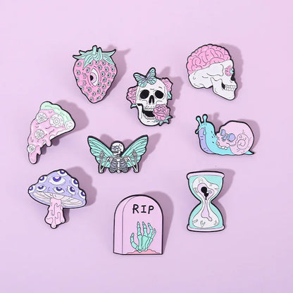 Purple Skeleton Enamel Pin – Gothic Butterfly, Mushroom & Flower Brooch