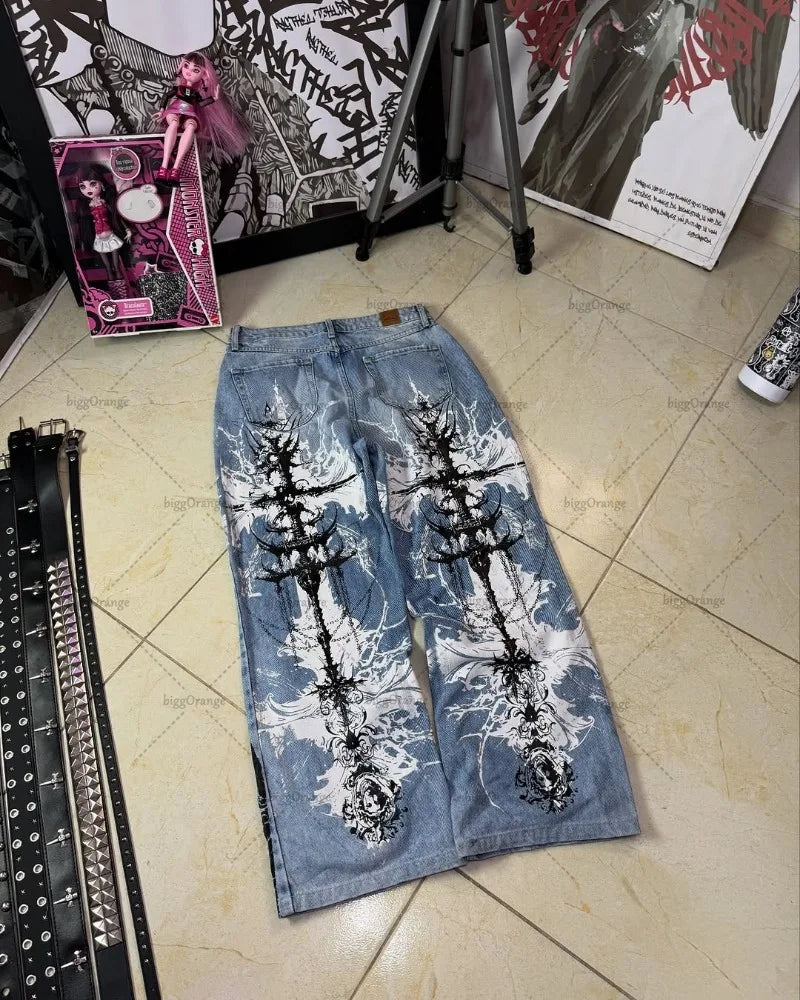 Y2K Gothic Cargo Pants – Wide-Leg Streetwear Trousers with Red Floral Graffiti Print