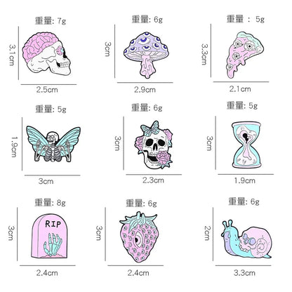 Purple Skeleton Enamel Pin – Gothic Butterfly, Mushroom & Flower Brooch