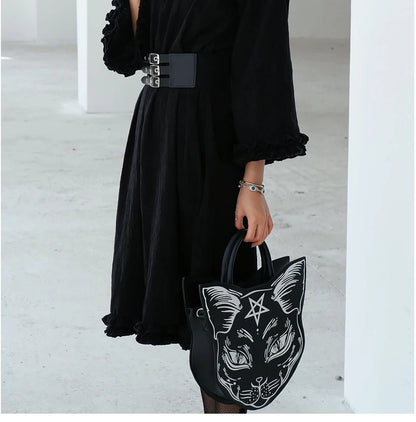 Gothic Pentacle Cat Shoulder Bag – Punk Rock Women’s Black Handbag