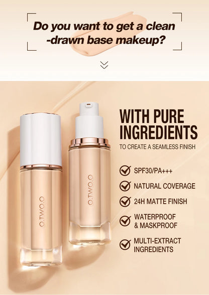O.TWO.O Liquid Foundation Cream – High Coverage, SPF30 & Waterproof Base (30ml)