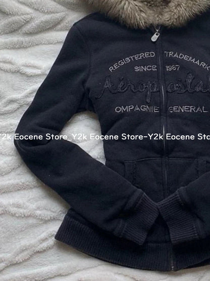 Vintage Letter Fur Collar Hoodie – Y2K Retro Zip-Up Plush Jacket