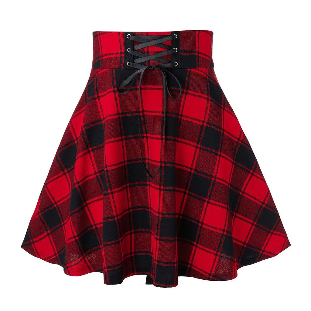 Black Checkered Pleated Gothic Mini Skirt – Punk Plaid Lace-Up Clubwear
