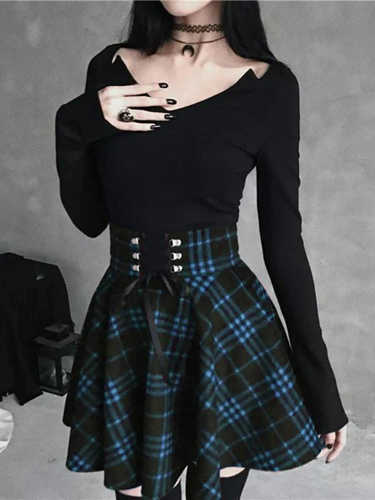 Black Checkered Pleated Gothic Mini Skirt – Punk Plaid Lace-Up Clubwear