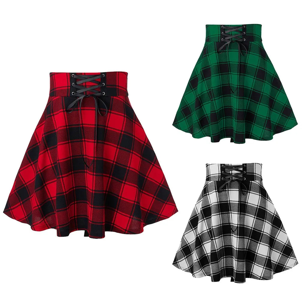Black Checkered Pleated Gothic Mini Skirt – Punk Plaid Lace-Up Clubwear