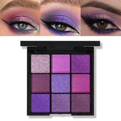 9-Grid Red & Purple Eyeshadow Palette – Matte, Glitter & Shimmer Finishes