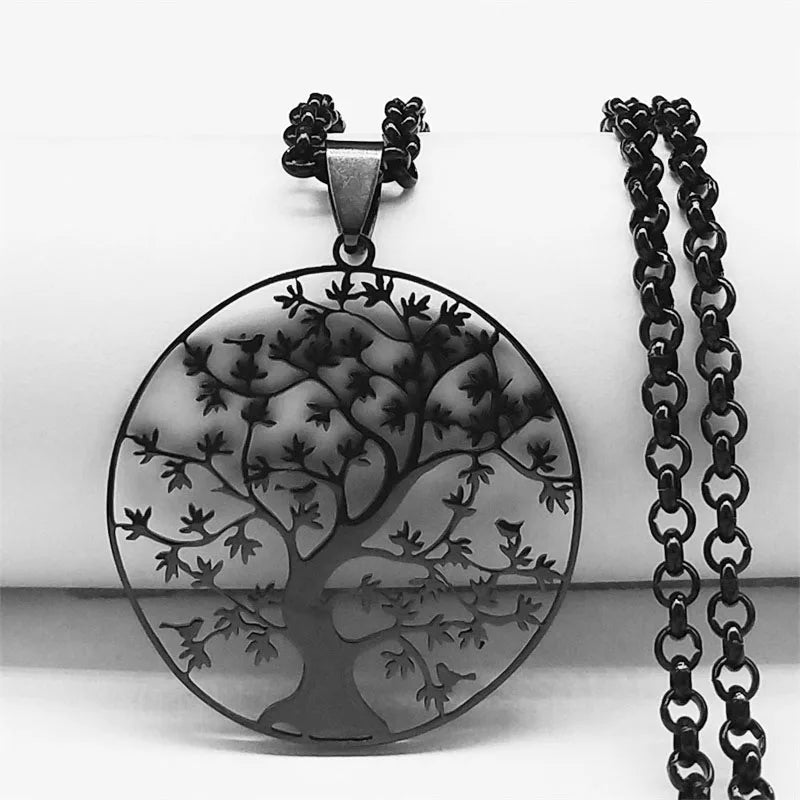 Tree of Life Stainless Steel Necklace – Black Long Pendant for Men & Women