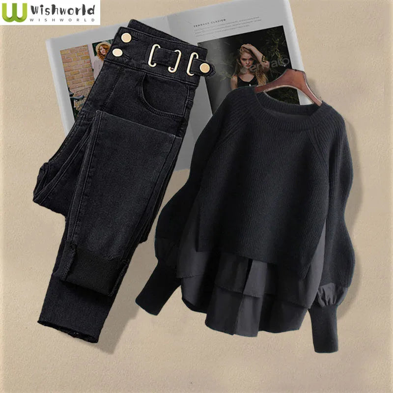 Korean Fashion Two-Piece Set – Fake Layered Shirt Top & Slim Fit Jeans