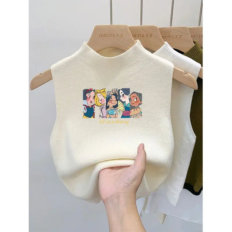 Summer Half High Collar Knitted Vest – Korean Youth Printed Sleeveless Top