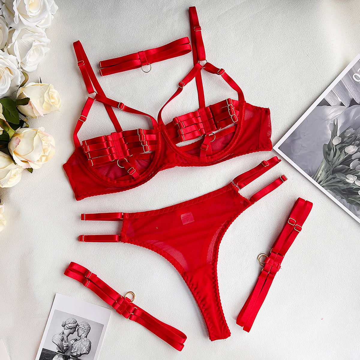 5-Piece Hollow Lingerie Set – Sensual Open Bra & Brief Outfit