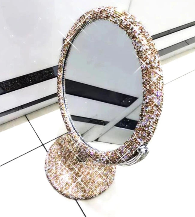 High-End Rhinestone Makeup Mirror – Rotatable Round Vanity Design